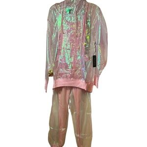 BRAND NEW! Iridescent Pink Hooded 3PC Pants Set with Pink Stretch Jumpsuit